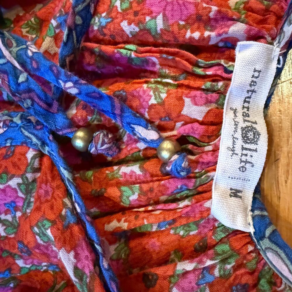 Natural Life Floral Peasant Blouse Medium Boho Red Pink Blue Tie Puff Sleeve M - Picture 3 of 5